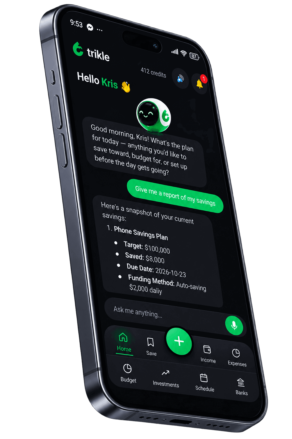 The Trikle app home screen, showing a live conversation with an AI companion about a phone savings plan