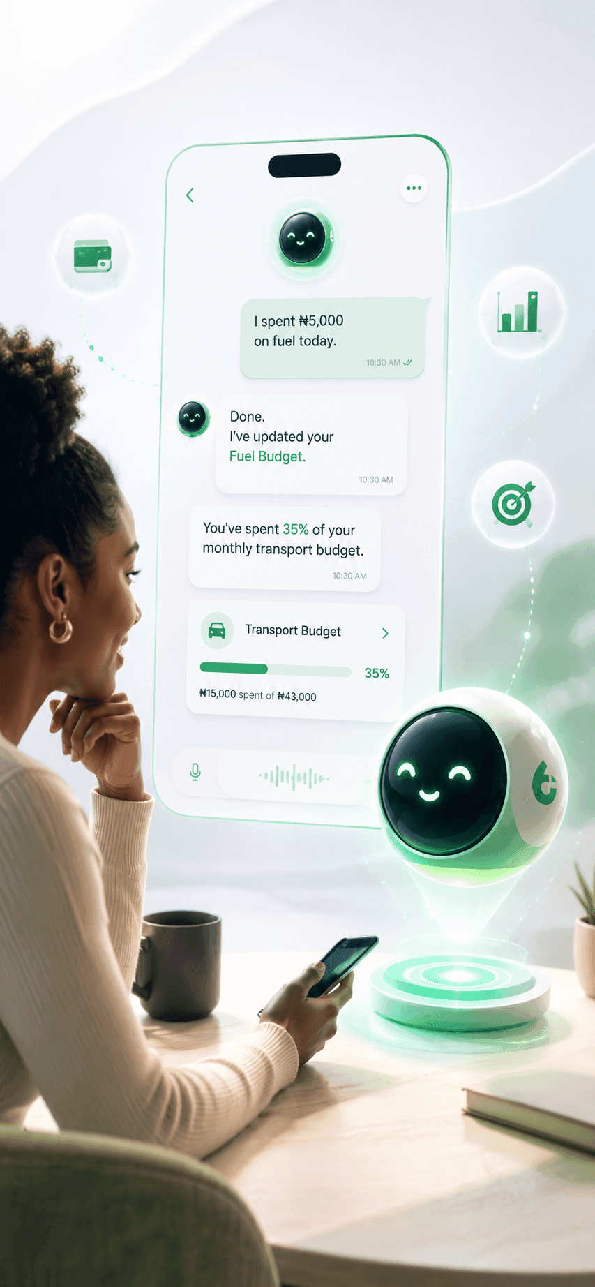 A woman talking with her Trikle AI companion, which appears as a friendly glowing orb beside her phone